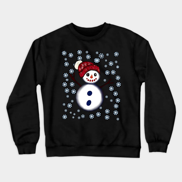 Snowman in festive red winter hat among snowflakes - friendly snowman snug in a snowflake themed scarf Crewneck Sweatshirt by Artonmytee